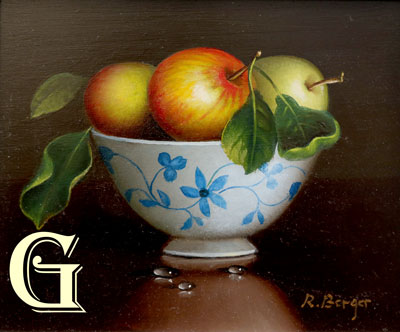 BERGER, STILL LIFE, OIL PAINTING, APPLES IN A PAINTED BOWL