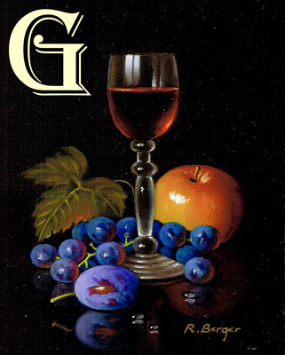 BERGER, STILL LIFE, OIL PAINTING, RED WINE AND FRUIT