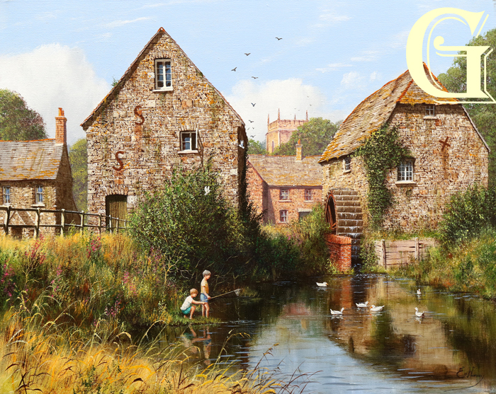 EDWARD HERSEY original painting, FISHING BY THE OLD MILL