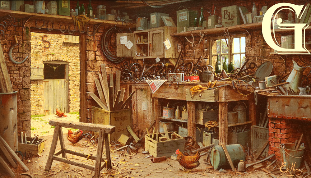 EDWARD HERSEY original painting, THE OLD FARM WORKSHOP