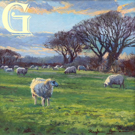 Stephen Hawkins oil painting , GRAZING AT SUNSET