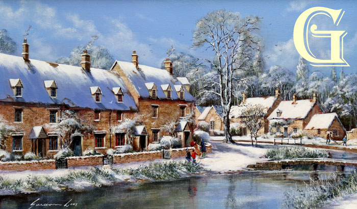 Gordon Lees original painting, SNOW AND SUNSHINE LOWER SLAUGHTER