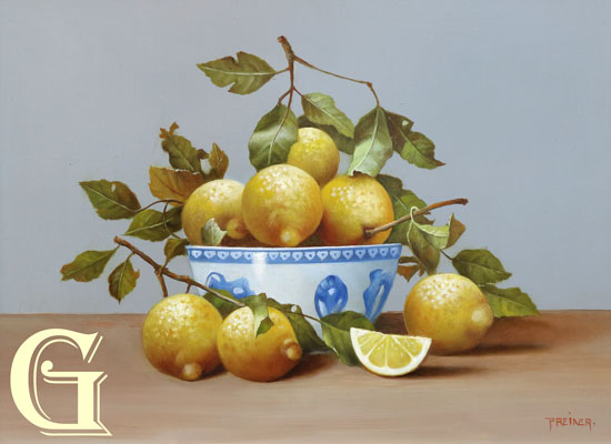 ORIGINAL OIL PAINTING BY ZOLTAN PREINER, STILL LIFE FRUIT WITH  LEMONS