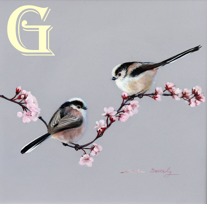 STUTELY, ORIGINAL PAINTING, LONG TAILED TITS ON BLOSSOM