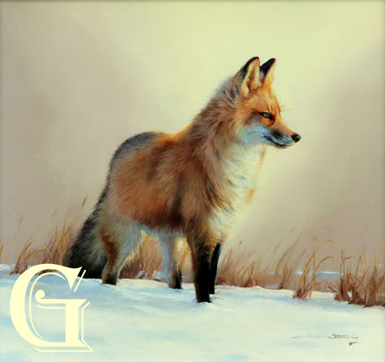 STUTELY, ORIGINAL PAINTING, FOX IN A SNOWY LANDSCAPE